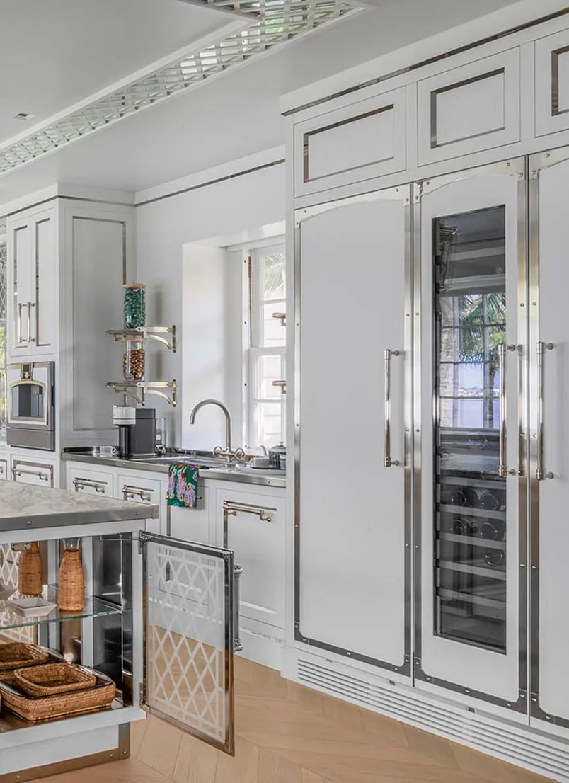 columns of refrigerators, freezer, and wine cellar.