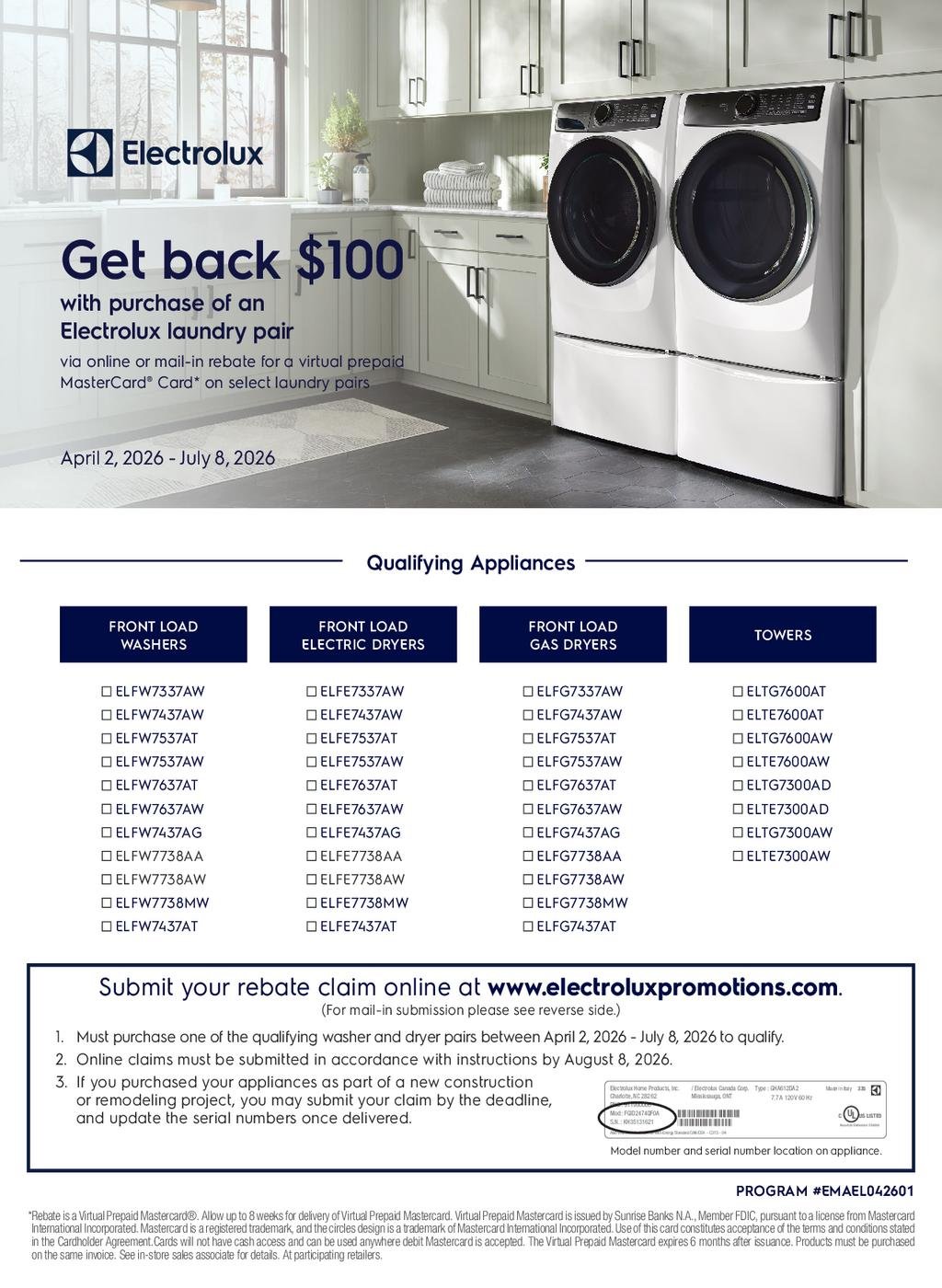 Electrolux: Get back $100 with purchase of Electrolux Laundry Pair